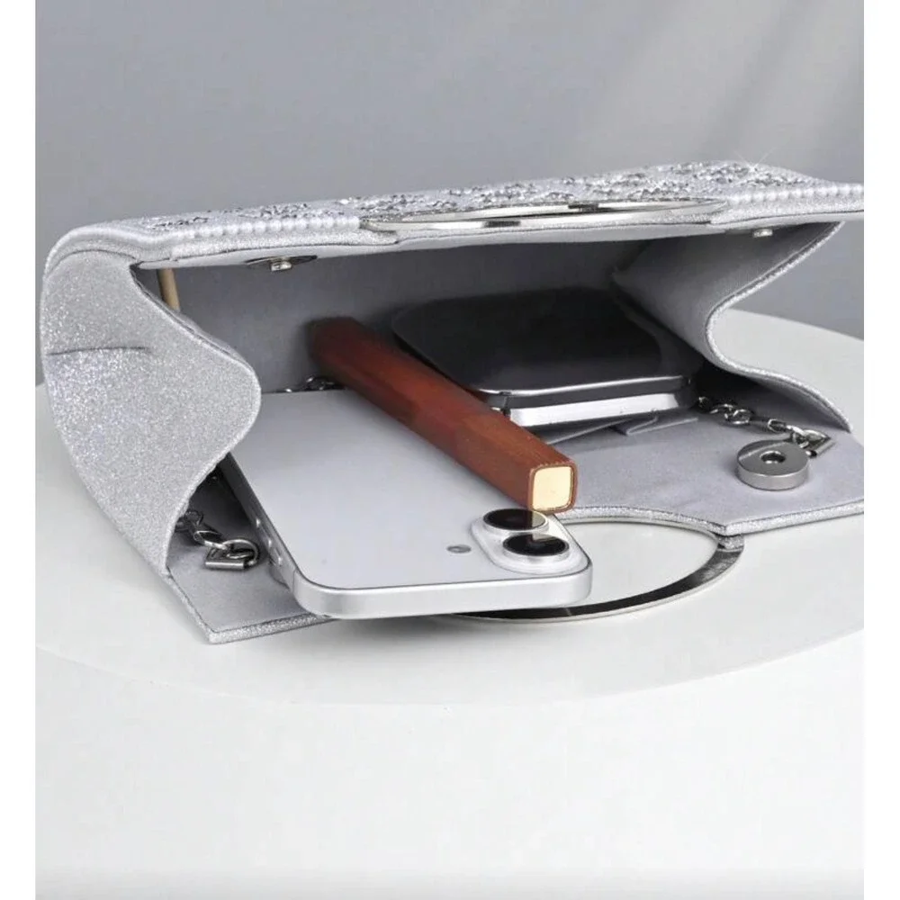 Opulaura Silver Rhinestone Pearl Evening Clutch Bag Wedding‎ Formal Crossbody